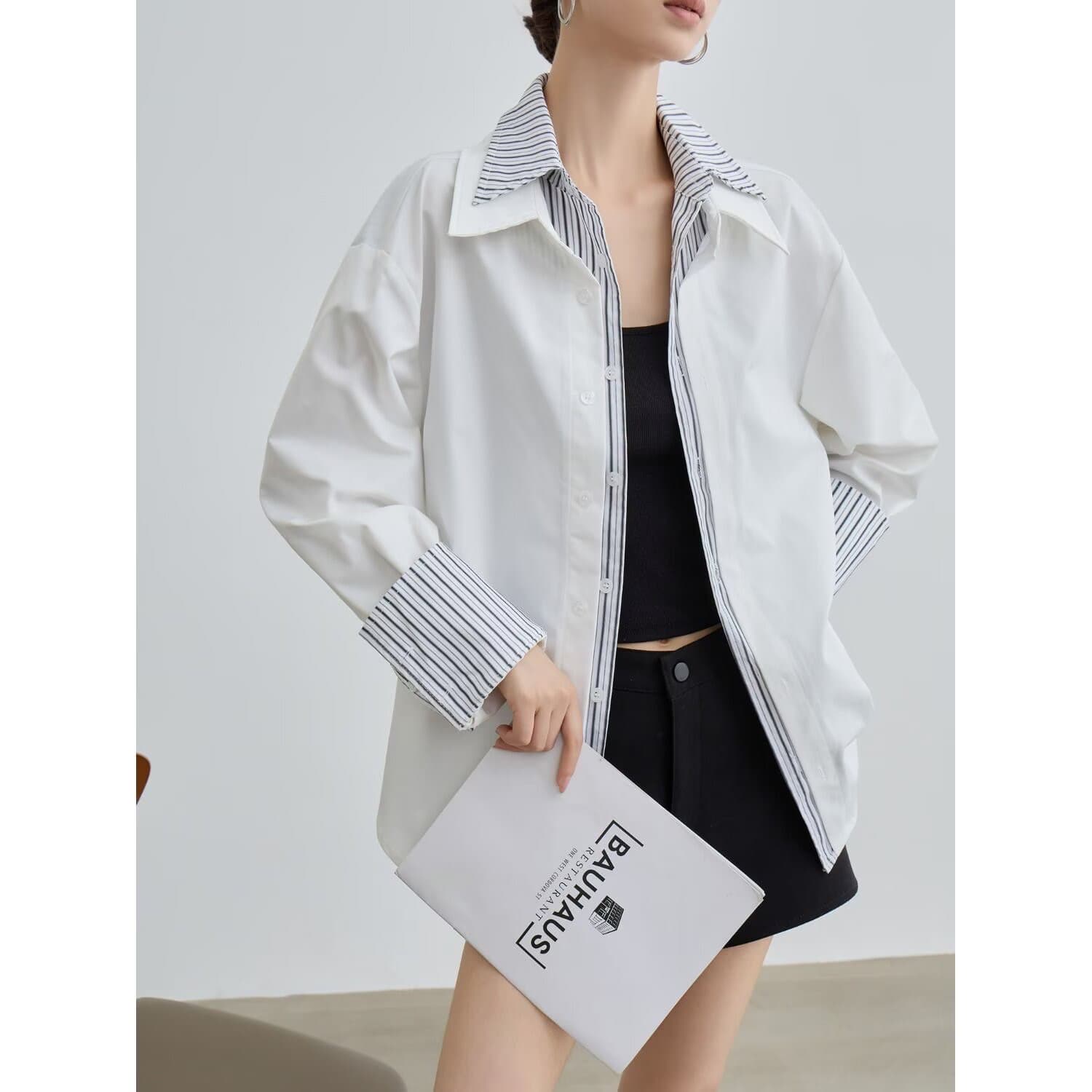 페이크 레이어드 셔츠 스트라이프 트렌디 사람들 남녀 봄 여름 긴팔 Chic 셔츠 작은 대중 느긋한 바람 루즈핏 재킷 상세 이미지 1