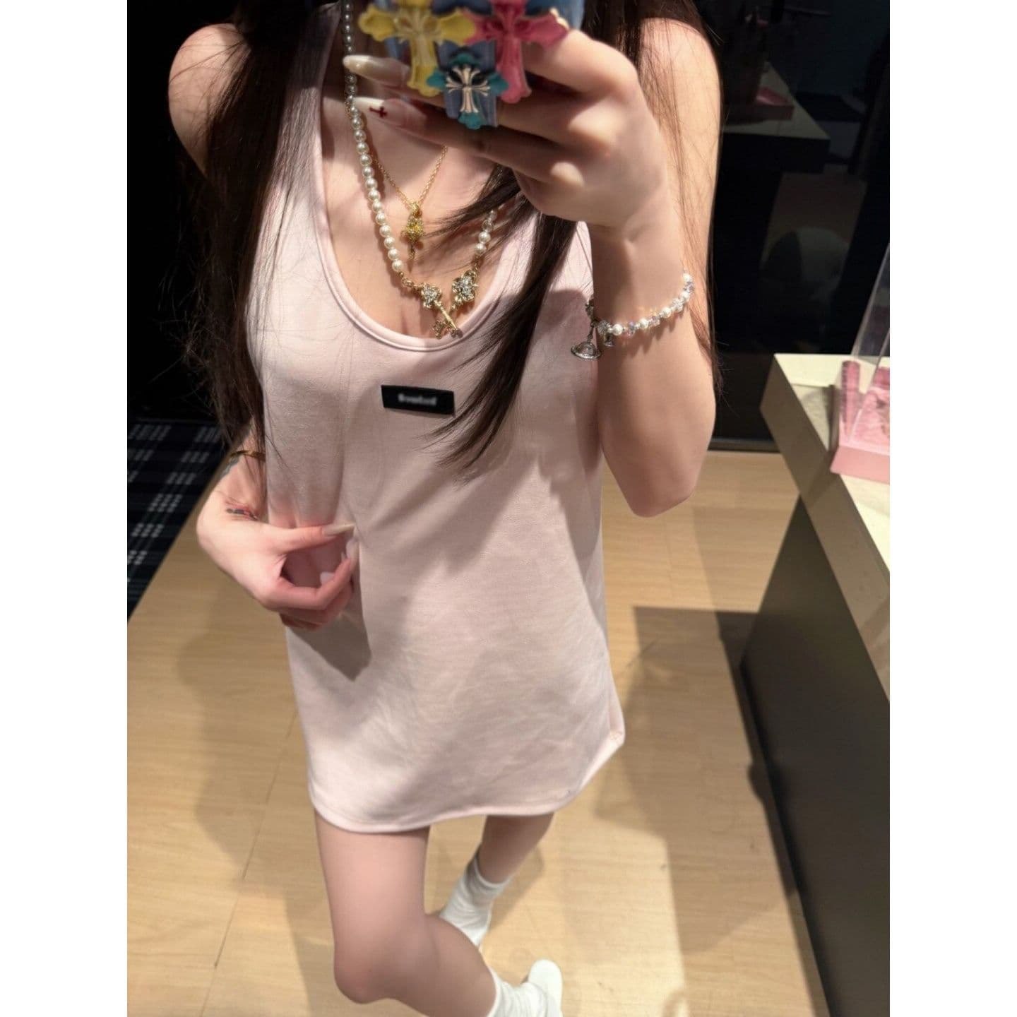 광저우 원본 빈 가스 층 자이언트 잘 생긴 디자인 센스 순수한 욕망 루즈핏 캐주얼 민소매 맨위 여성 이미지 5