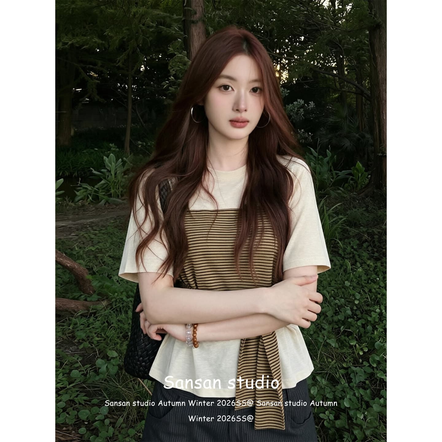 한 부서 스트라이프 반팔 티셔츠 여성 여름 착용 가져 가라. 불규칙 레이스업 tee 허리 수축 맨위 상세 이미지 9