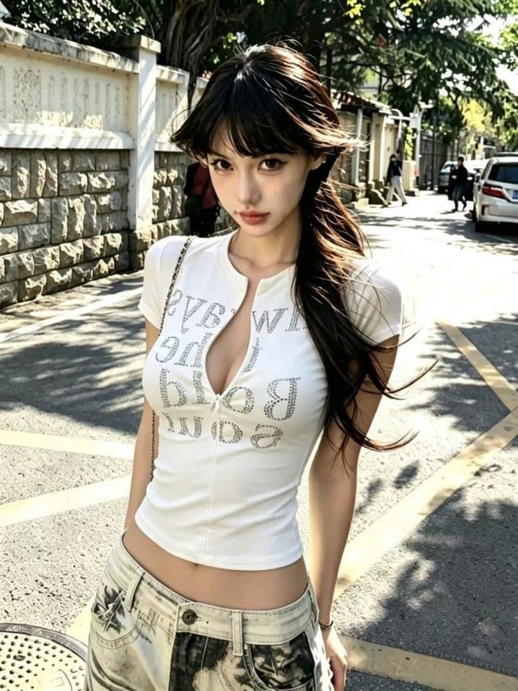핫픽스 알파벳 지퍼 반팔 티셔츠 여성 몸매 가꾸기 맨위 상세 이미지 1