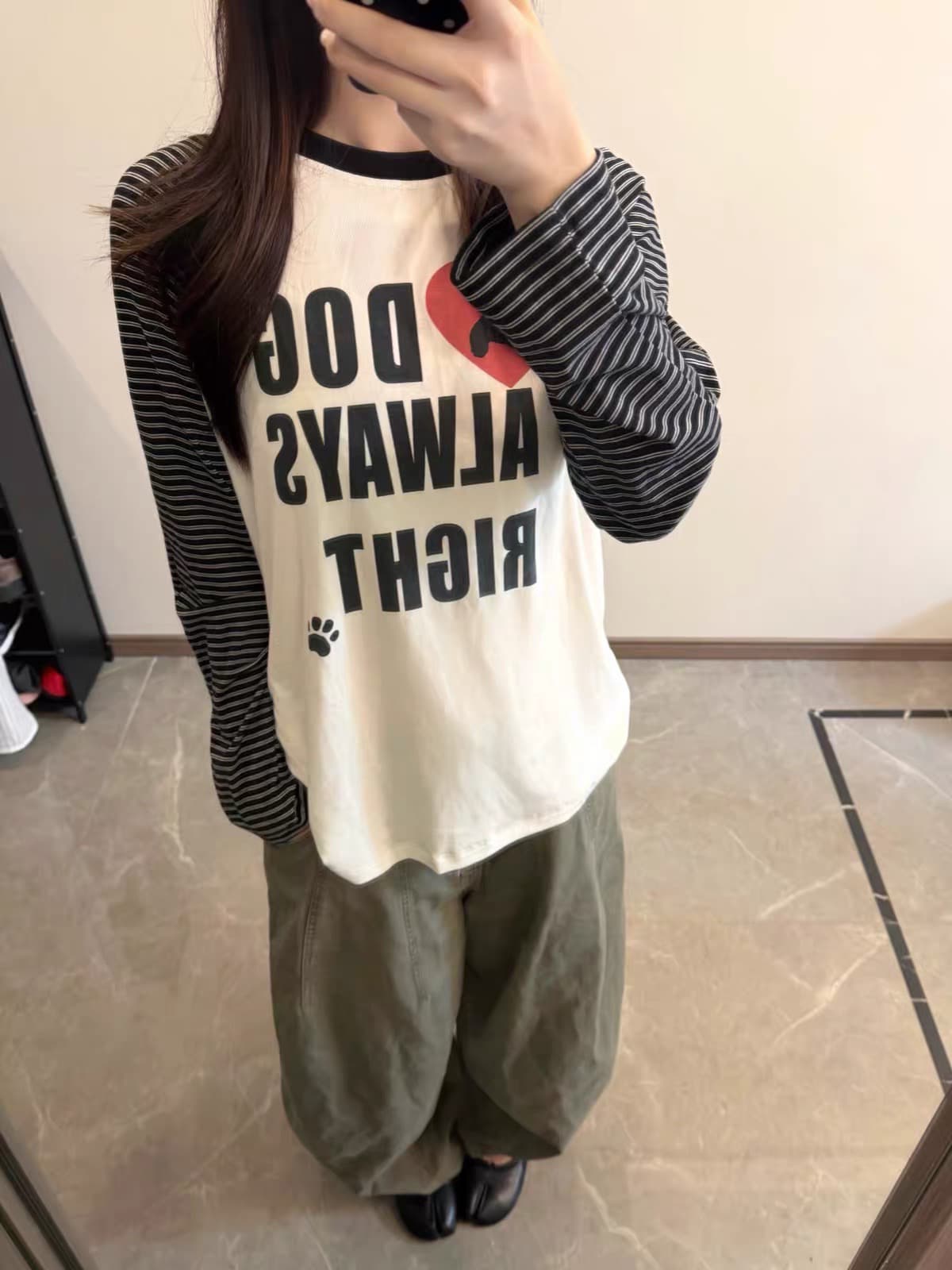 아메리칸 레트로 학원 스타일 프린트 강아지 스트라이프 삽입 어깨 긴팔 티셔츠 여성 가을 루즈핏 패치워크 느긋한 맨위