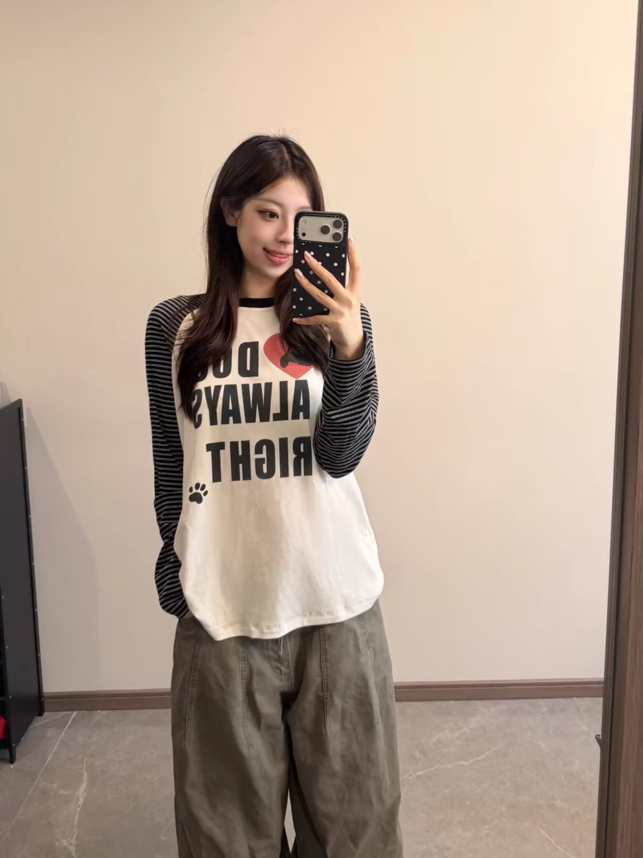 아메리칸 레트로 학원 스타일 프린트 강아지 스트라이프 삽입 어깨 긴팔 티셔츠 여성 가을 루즈핏 패치워크 느긋한 맨위 이미지 2