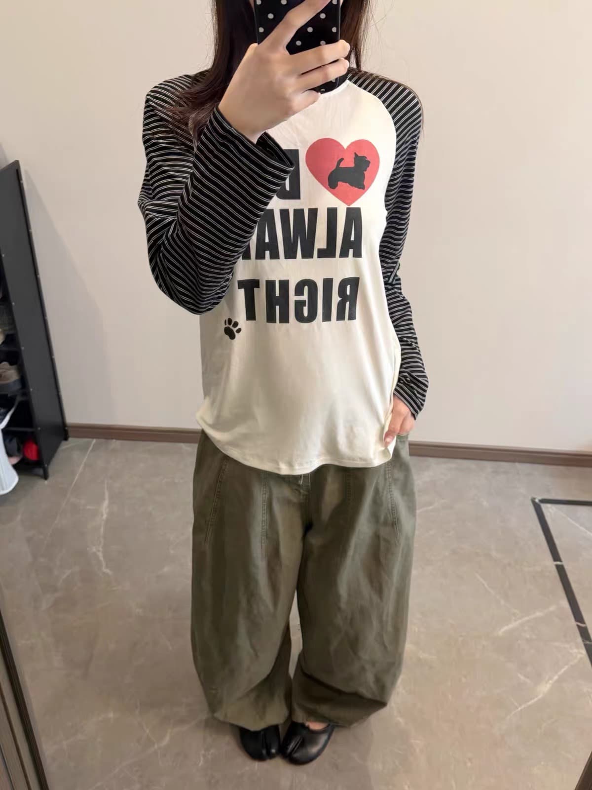 아메리칸 레트로 학원 스타일 프린트 강아지 스트라이프 삽입 어깨 긴팔 티셔츠 여성 가을 루즈핏 패치워크 느긋한 맨위 상세 이미지 4