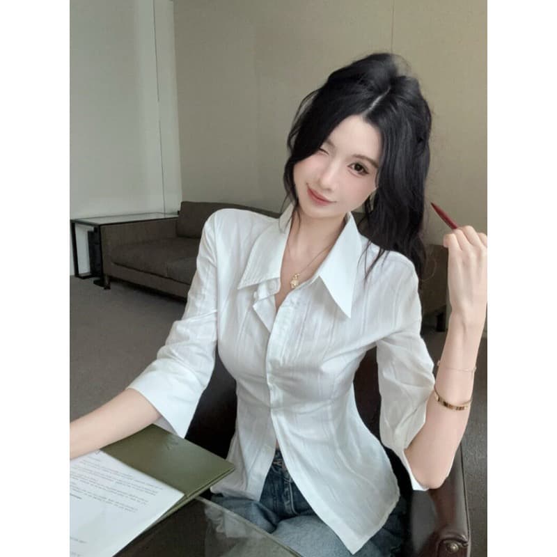 원본 자카드 원단 화이트 중간 소매 여성 셔츠 자매 부서 높음 지혜 센스 셔츠 수리 이미지 4