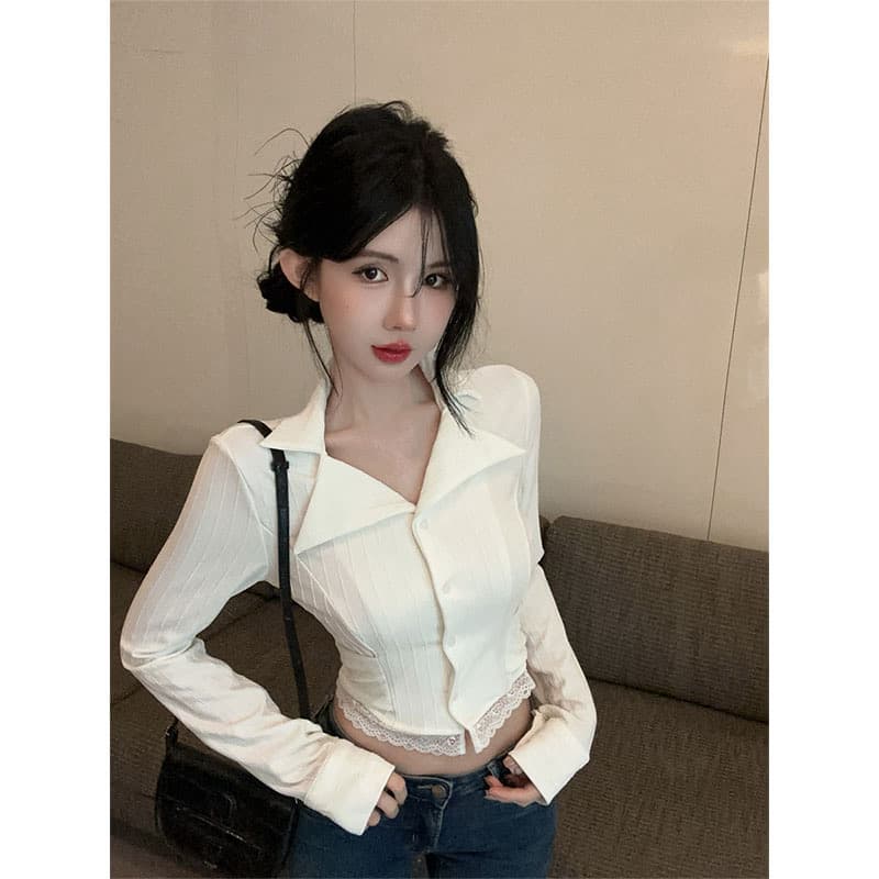 원본 품질 화이트 레이스 레이스 긴팔 여성 셔츠 작은 대중 셔츠 쇼트 스타일 법 상세 이미지 2