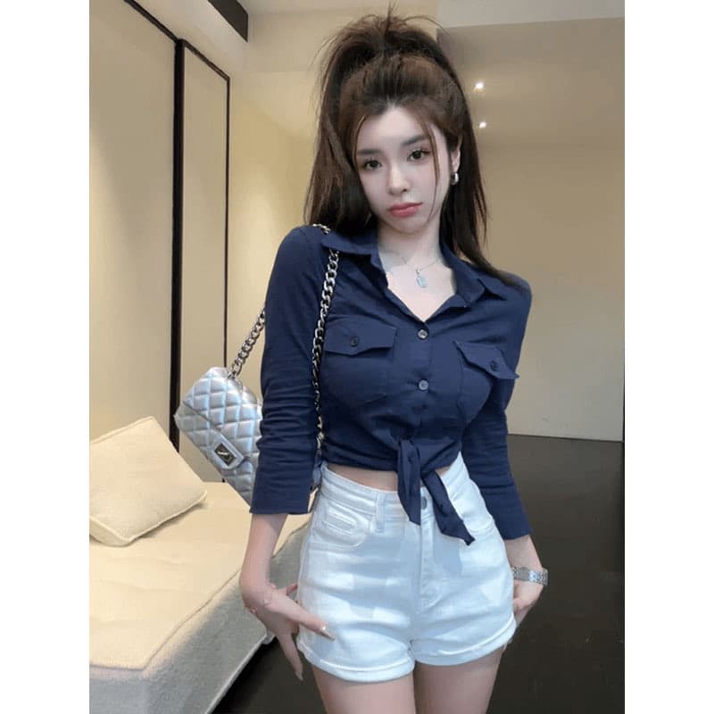 원본 품질 화이트 레이스 레이스 긴팔 여성 셔츠 작은 대중 셔츠 쇼트 스타일 법 이미지 3