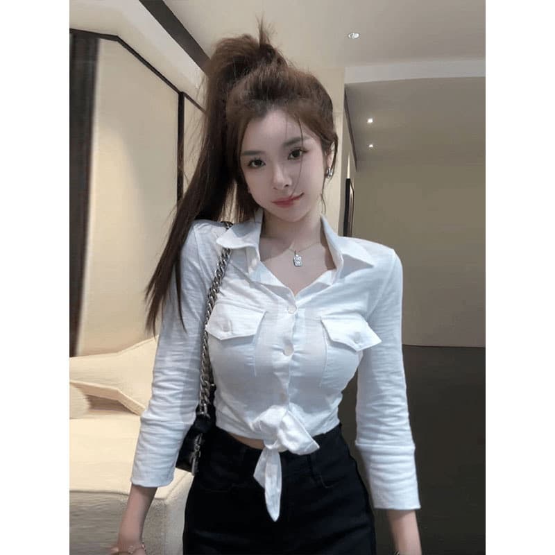 원본 품질 화이트 레이스 레이스 긴팔 여성 셔츠 작은 대중 셔츠 쇼트 스타일 법 상세 이미지 2