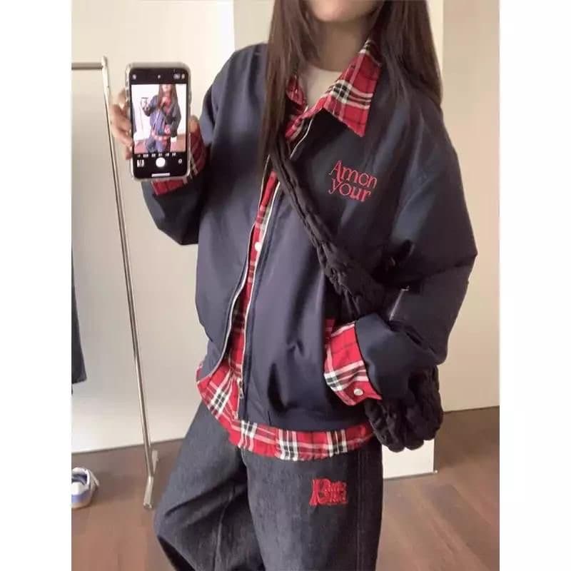 빨간색 체크무늬 패치워크 페이크 레이어드 자수 재킷 아메리칸 레트로 루즈핏 캐주얼 다용도 커플 재킷 이미지 5