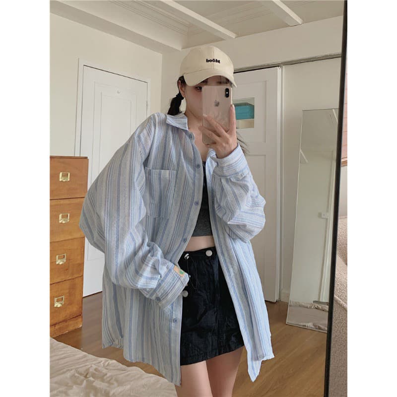 원본 원단 솜씨 얇은 스타일 자외선 차단 셔츠 봄 여름 루즈핏 느긋한 긴팔 파란색 이미지 5