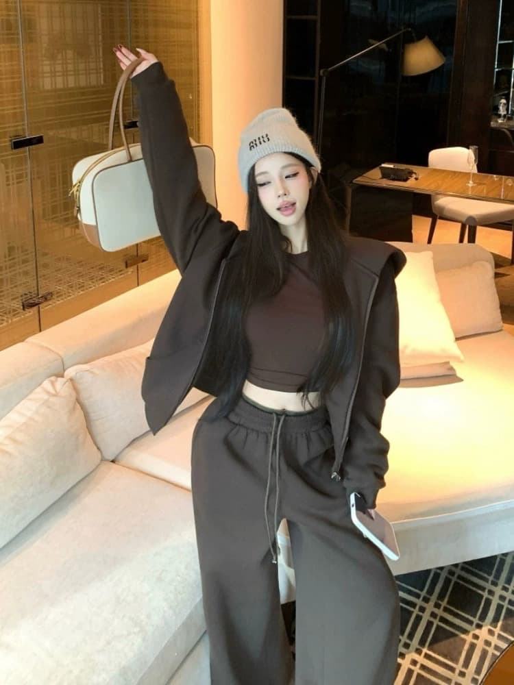순수한 Mianhua 코튼 자켓 와이드 레그 팬츠 투피스 세트 후드티 여성 커피 샐러드 상세 이미지 1