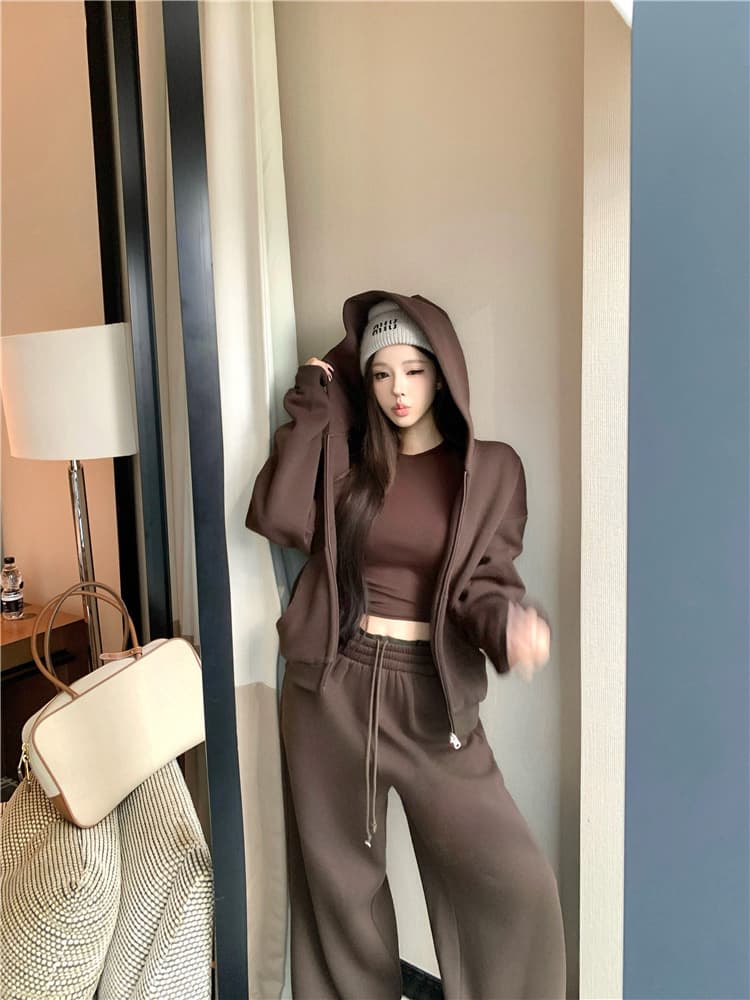 순수한 Mianhua 코튼 자켓 와이드 레그 팬츠 투피스 세트 후드티 여성 커피 샐러드 상세 이미지 5