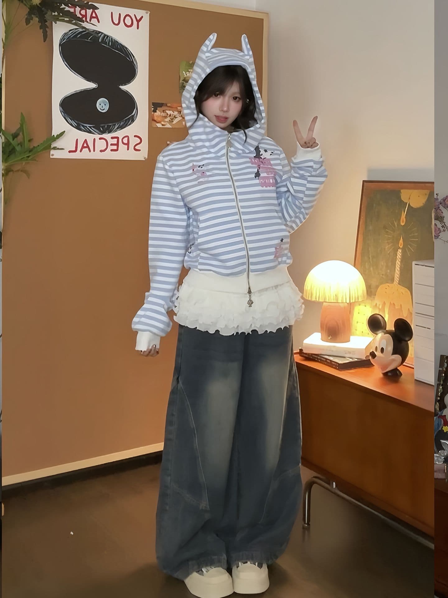 순수한 Mianhua 면 털이 있고 두꺼운 아메리칸 높음 거리 후드 티 스웨터 오픈 가디건 여성 2026 스트라이프 셔츠 재킷 이미지 2