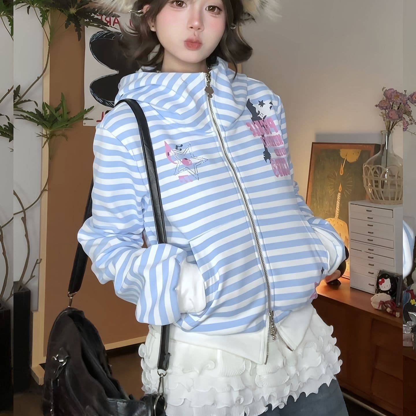 순수한 Mianhua 면 털이 있고 두꺼운 아메리칸 높음 거리 후드 티 스웨터 오픈 가디건 여성 2026 스트라이프 셔츠 재킷 이미지 5
