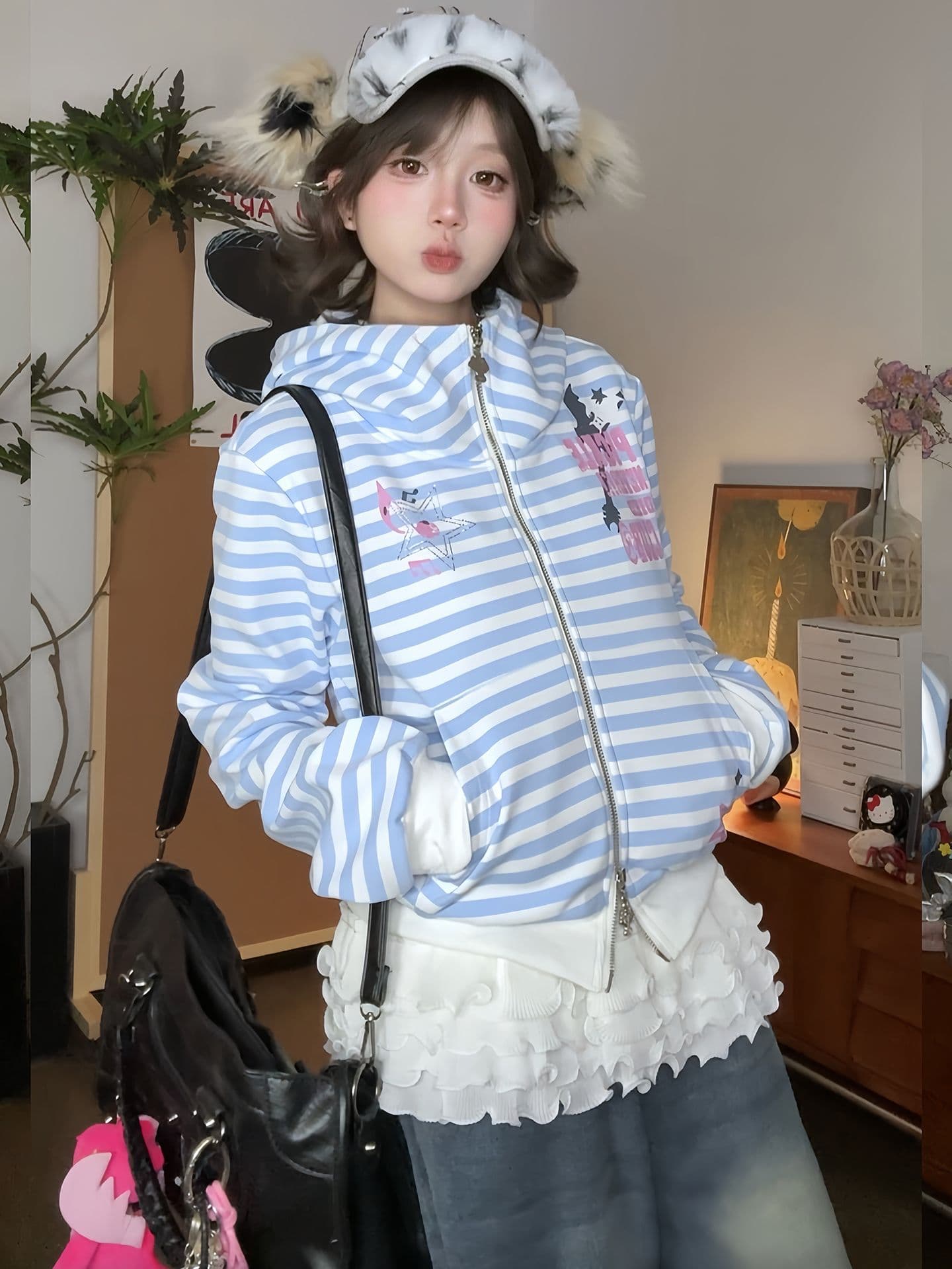 순수한 Mianhua 면 털이 있고 두꺼운 아메리칸 높음 거리 후드 티 스웨터 오픈 가디건 여성 2026 스트라이프 셔츠 재킷 상세 이미지 1