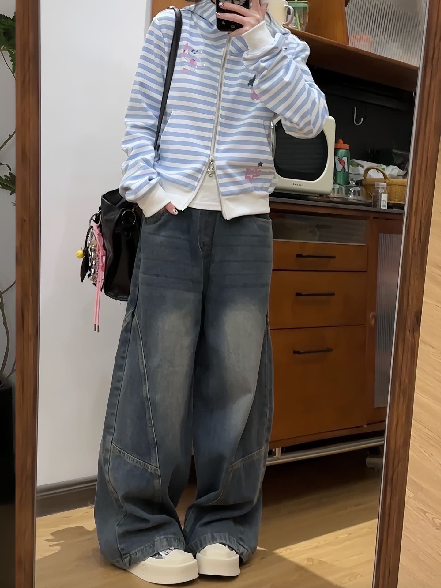 순수한 Mianhua 면 털이 있고 두꺼운 아메리칸 높음 거리 후드 티 스웨터 오픈 가디건 여성 2026 스트라이프 셔츠 재킷 상세 이미지 5