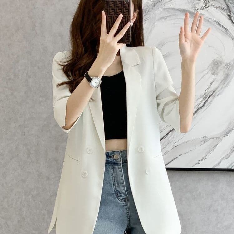 면 린넨 정장 짧은 외투 여성 2027 봄 가을 새로운 문예 빅 사이즈 루즈핏 캐주얼 긴팔 작은 정장 맨위 이미지 3