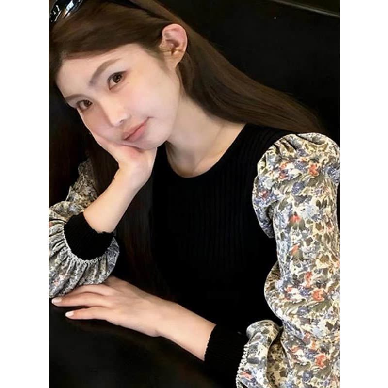 고유 한 슈퍼 잘 생긴 아름다운 프랑스식 고급 센스 검정색 거품 소매 꽃무늬 패치워크 맨위 여성 가을 상세 이미지 2