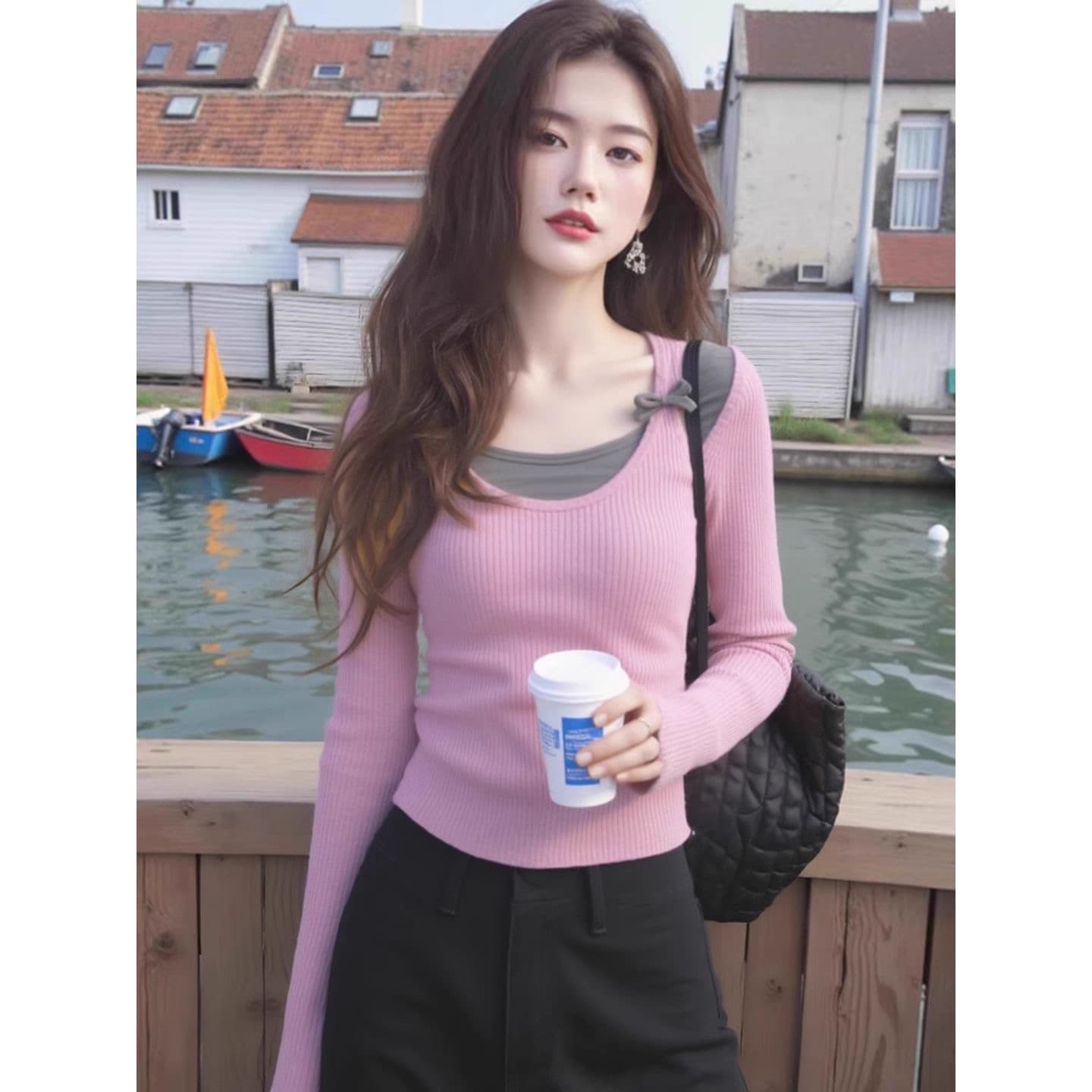유럽 상품 패션 레트로 알파벳 프린트 없음 모자 라운드 넥 후드티 여성 가을 느긋한 바람 루즈핏 다용도 긴팔 맨위 이미지 5