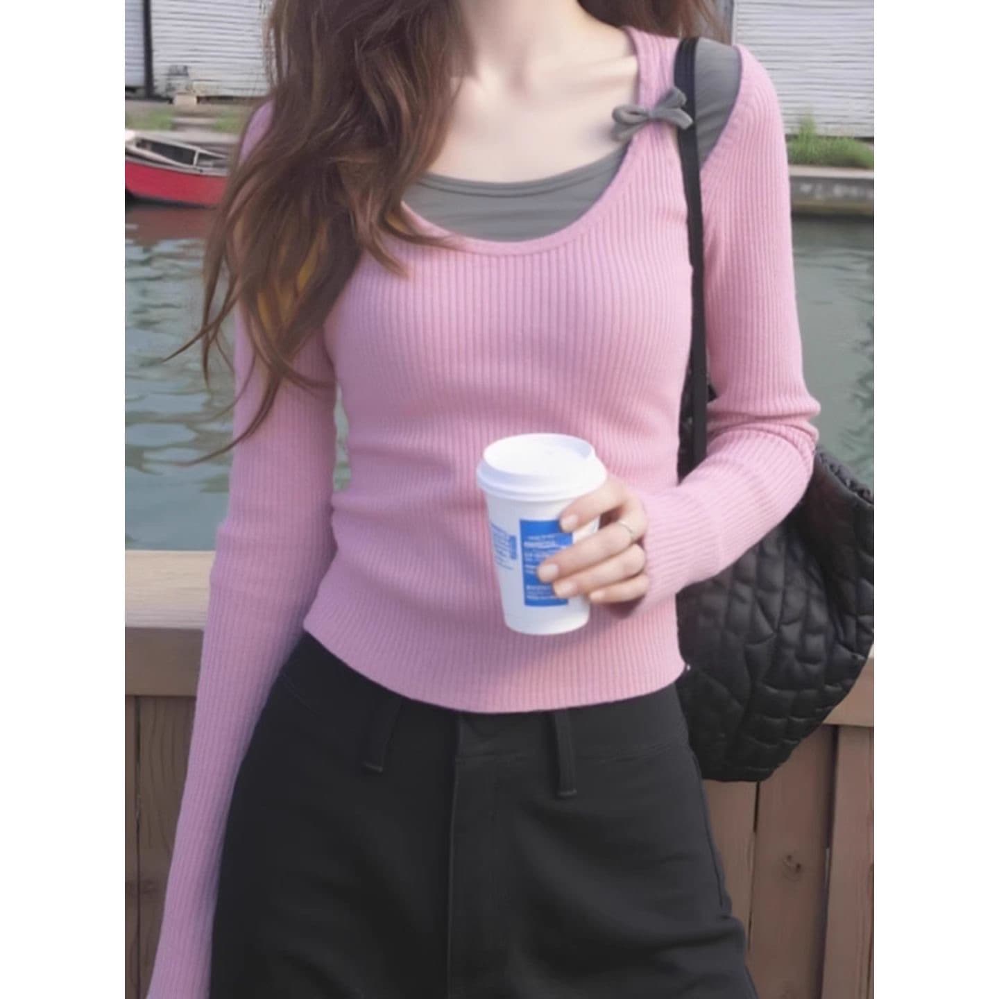 유럽 상품 패션 레트로 알파벳 프린트 없음 모자 라운드 넥 후드티 여성 가을 느긋한 바람 루즈핏 다용도 긴팔 맨위 이미지 4