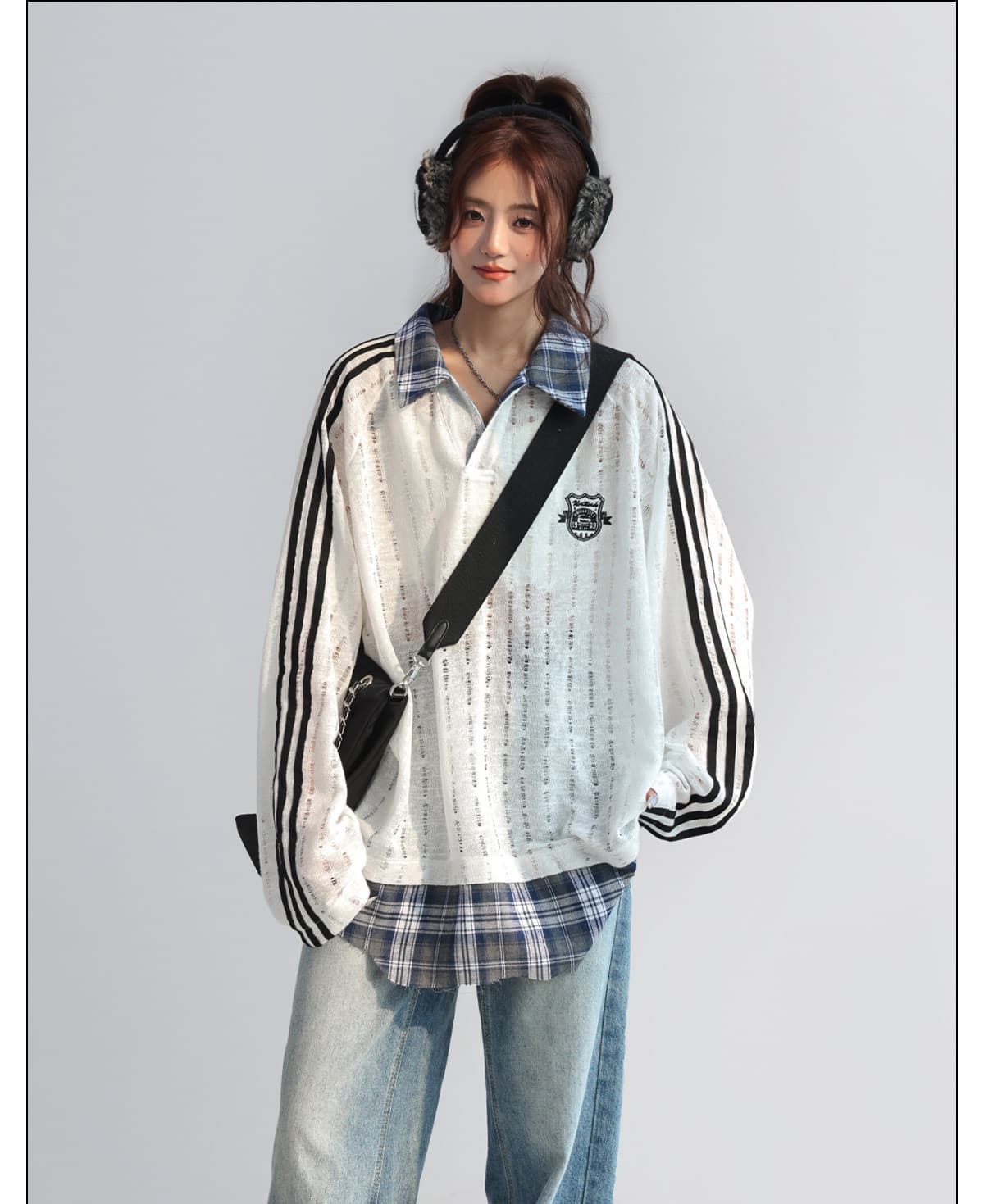 광저우 원본 원단 아메리칸 새로운 레트로 맨위 체크무늬 패치워크 페이크 레이어드 polo 웨이 여성 의류 봄 가을 맨위 상세 이미지 4