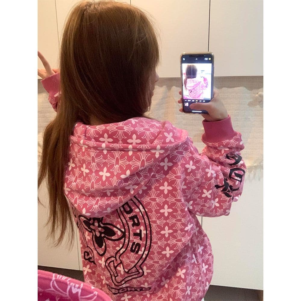 순수한 Mianhua 면 털이 있고 두꺼운 십자가 핑크색 후드 티 스웨터 2026 여성 가을 겨울 지퍼 재킷 이미지 2