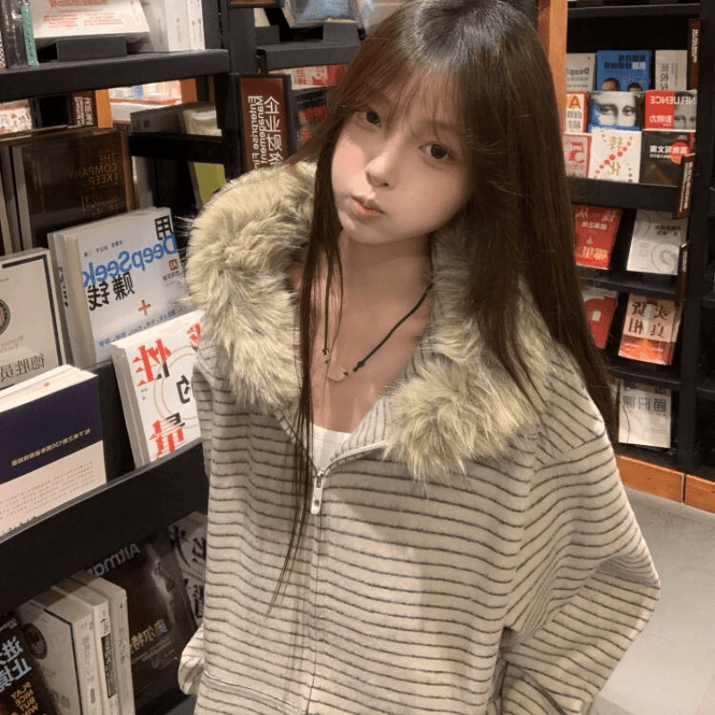 순수한 Mianhua 면 털이 있고 두꺼운 스트라이프 후드 지퍼 후드티 여성 코트 가을 겨울 모피 칼라 맨위 이미지 4
