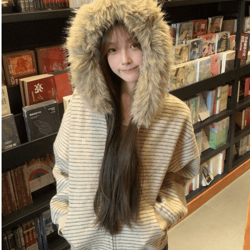 순수한 Mianhua 면 털이 있고 두꺼운 스트라이프 후드 지퍼 후드티 여성 코트 가을 겨울 모피 칼라 맨위 이미지 2