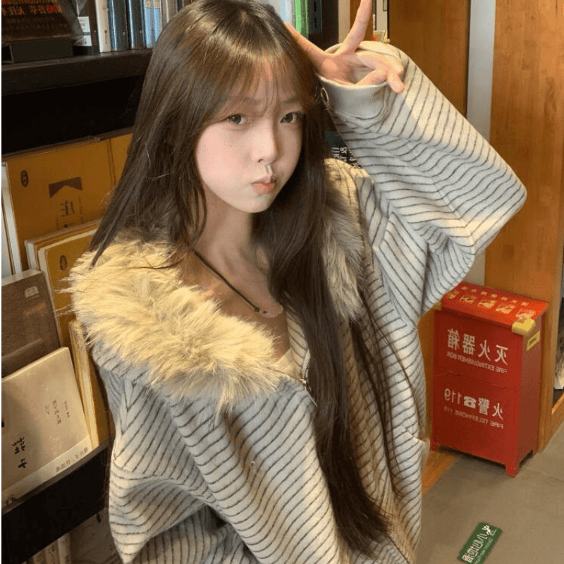 순수한 Mianhua 면 털이 있고 두꺼운 스트라이프 후드 지퍼 후드티 여성 코트 가을 겨울 모피 칼라 맨위 상세 이미지 1
