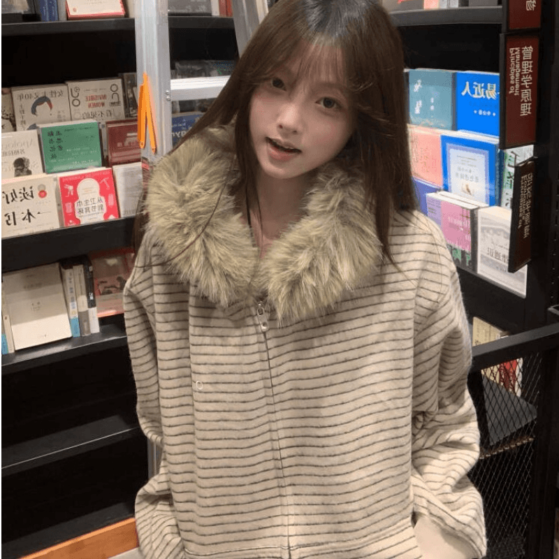 순수한 Mianhua 면 털이 있고 두꺼운 스트라이프 후드 지퍼 후드티 여성 코트 가을 겨울 모피 칼라 맨위 상세 이미지 3