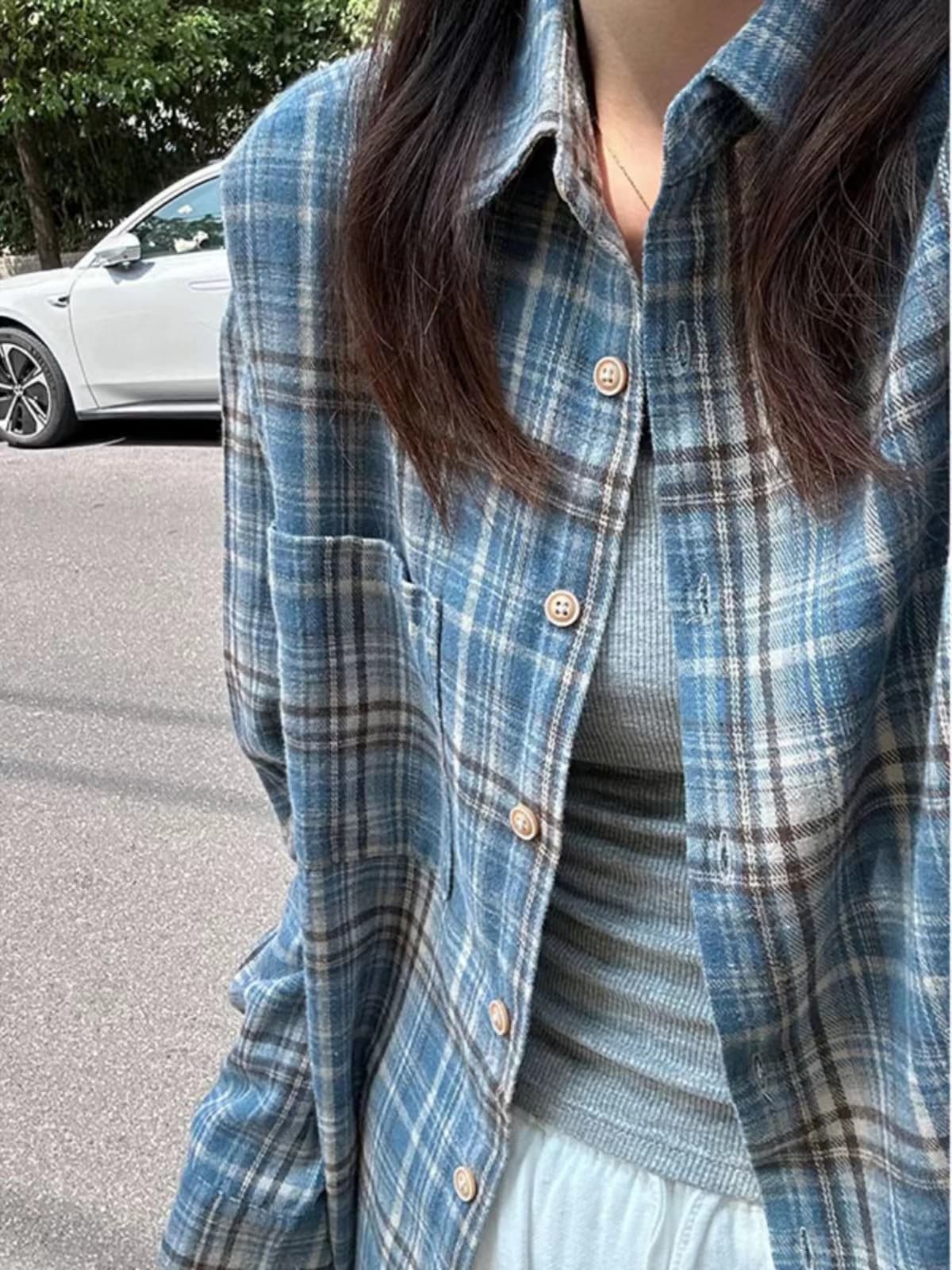 원본 등 허리 패치워크 파란색 체크무늬 연삭 털 긴팔 여성 셔츠 봄 가을 루즈핏 캐주얼 다용도 셔츠 상세 이미지 5
