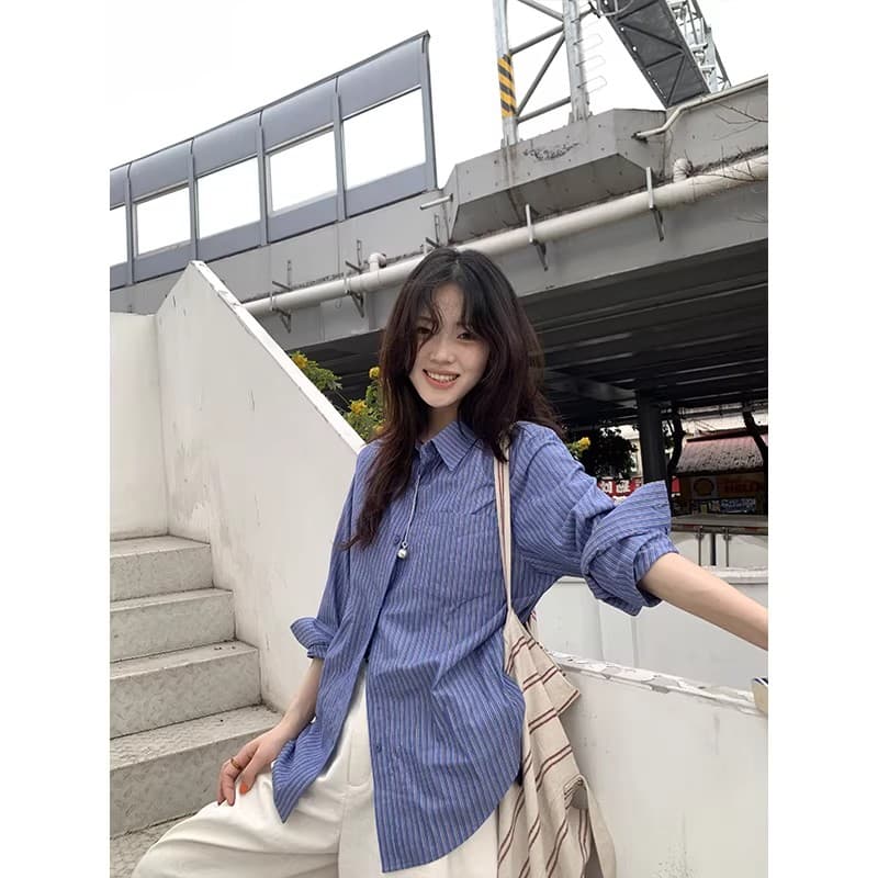 원본 워싱 면 100% 레트로 스트라이프 셔츠 디자인 센스 폴로 칼라 셔츠 얇은 스타일 긴팔 맨위 상세 이미지 4