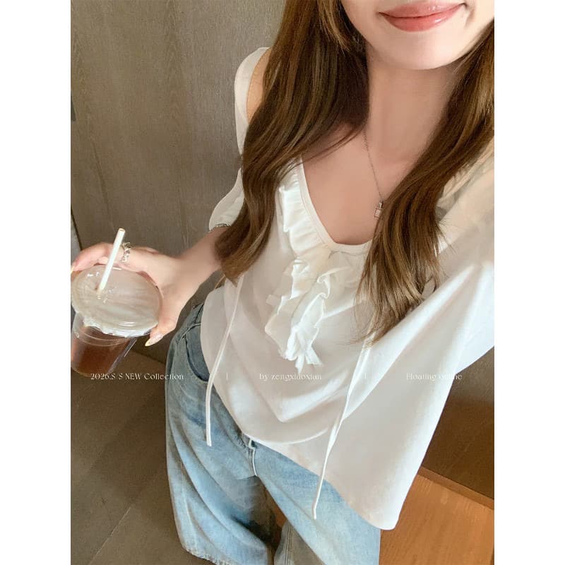 눈꽃 면 한 부서 화이트 프릴 V넥 7부 소매 티셔츠 여성 여름 루즈핏 슬림해 보이는 긍정적 인 어깨 이미지 2