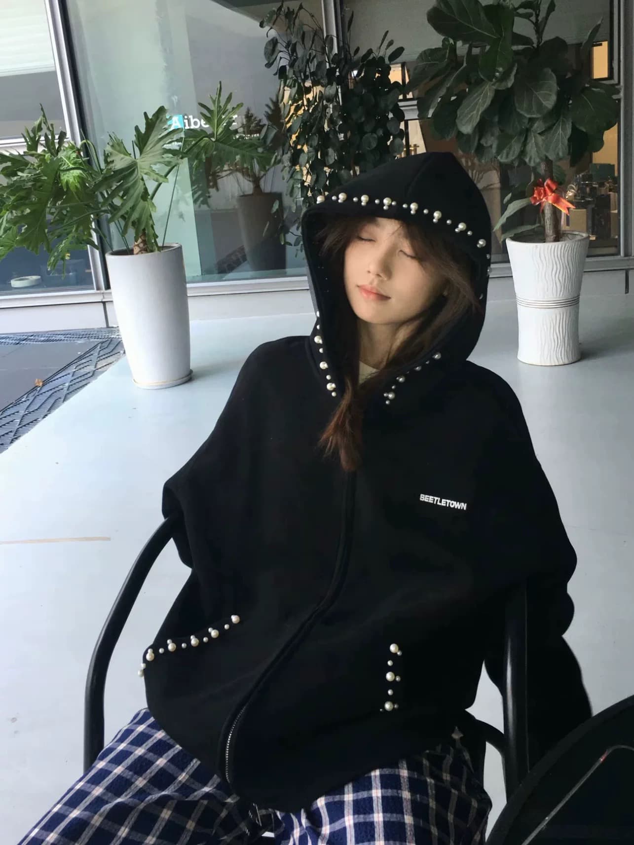 얇은 스타일 털이 있는 주문 구슬 자수 더블 머리 지퍼 순수한 Mianhua 면 복합 후드티 이미지 2