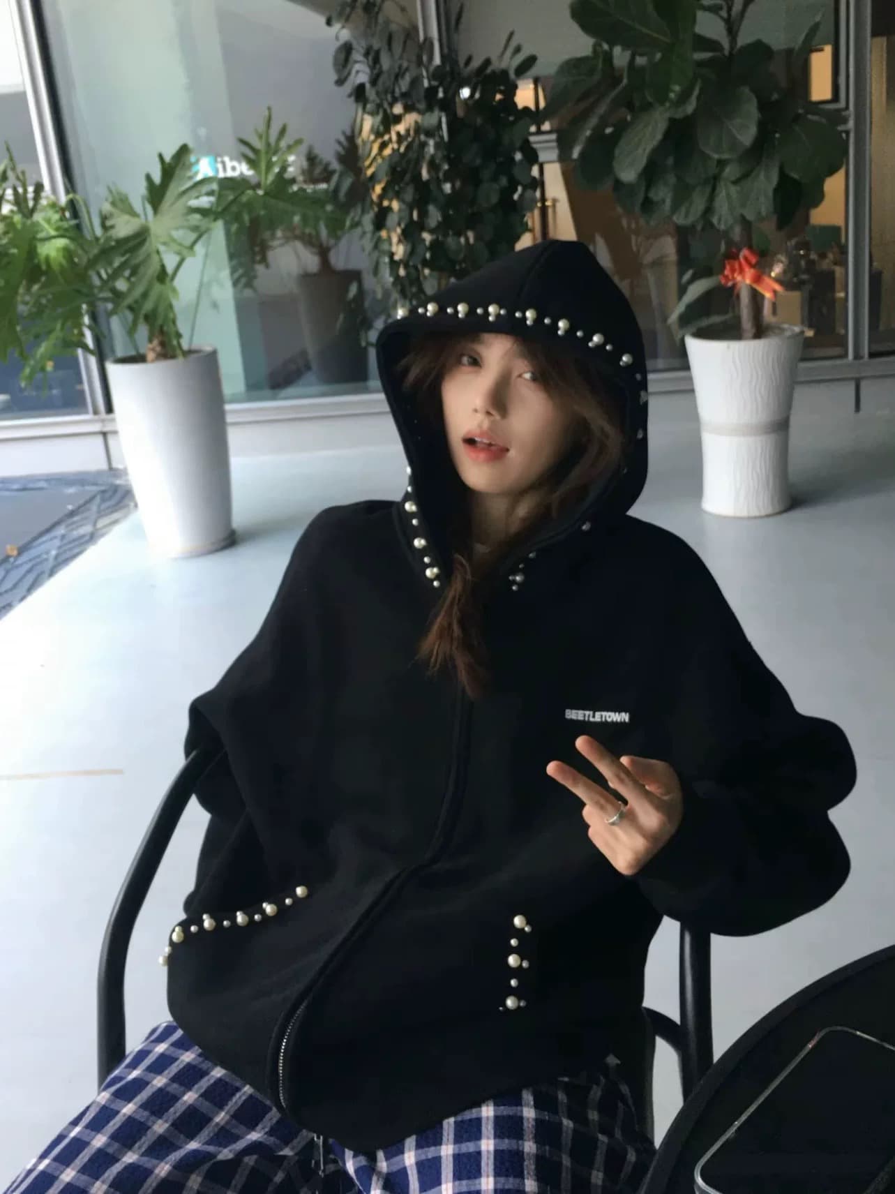 얇은 스타일 털이 있는 주문 구슬 자수 더블 머리 지퍼 순수한 Mianhua 면 복합 후드티 상세 이미지 1