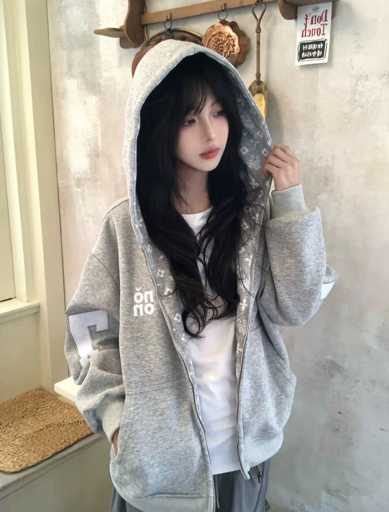 얇은 스타일 백금 지퍼 인사이드 펌프 원본 천 프린트 순수한 Mianhua 면 복합 후드티 이미지 3
