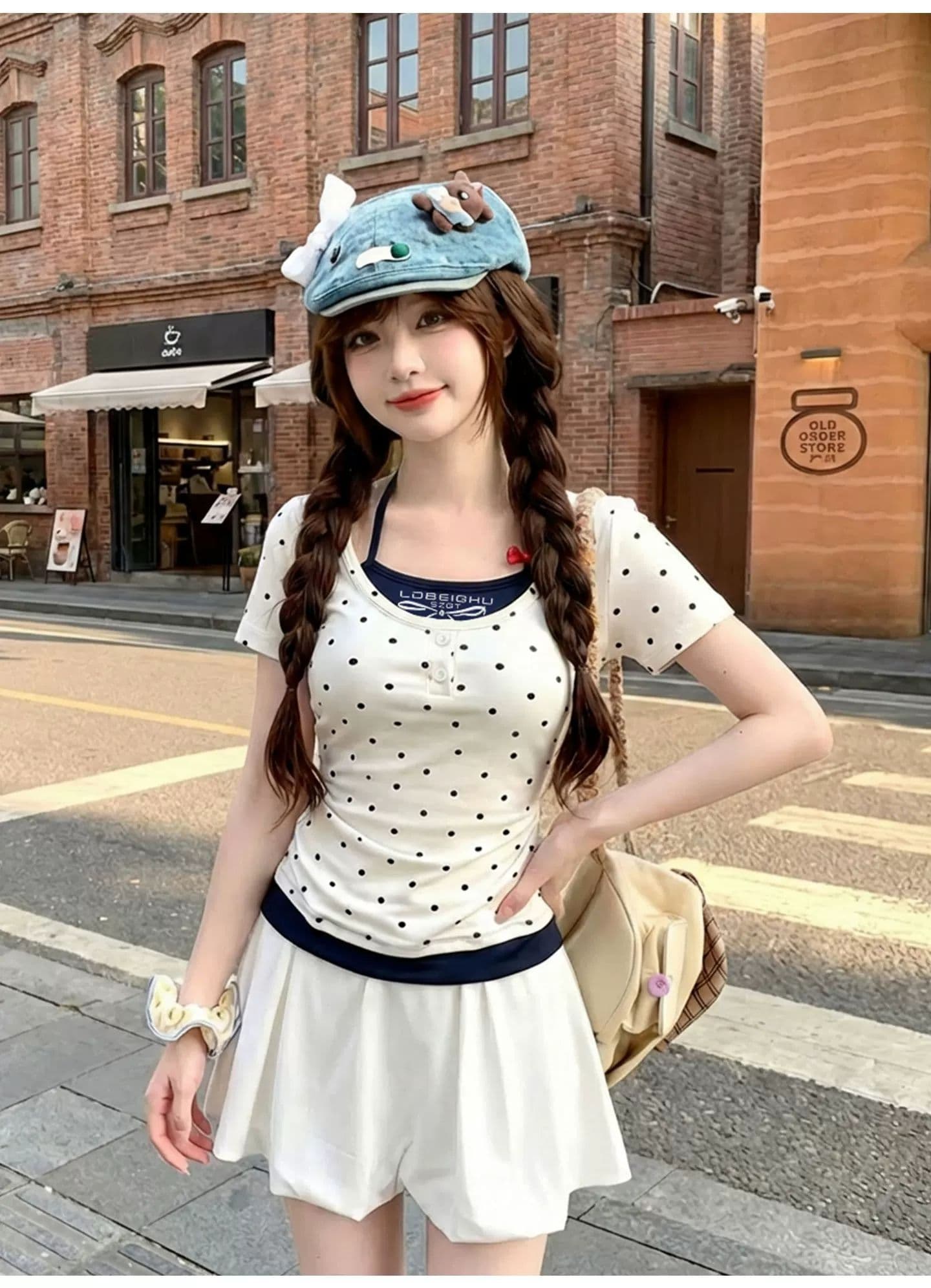 40 순면 1 1 핫걸 슬립 페이크 레이어드 도트 무늬 반팔 티셔츠 여성 여름 순수한 욕망 허리 수축 쇼트 스타일 맨위 이미지 3