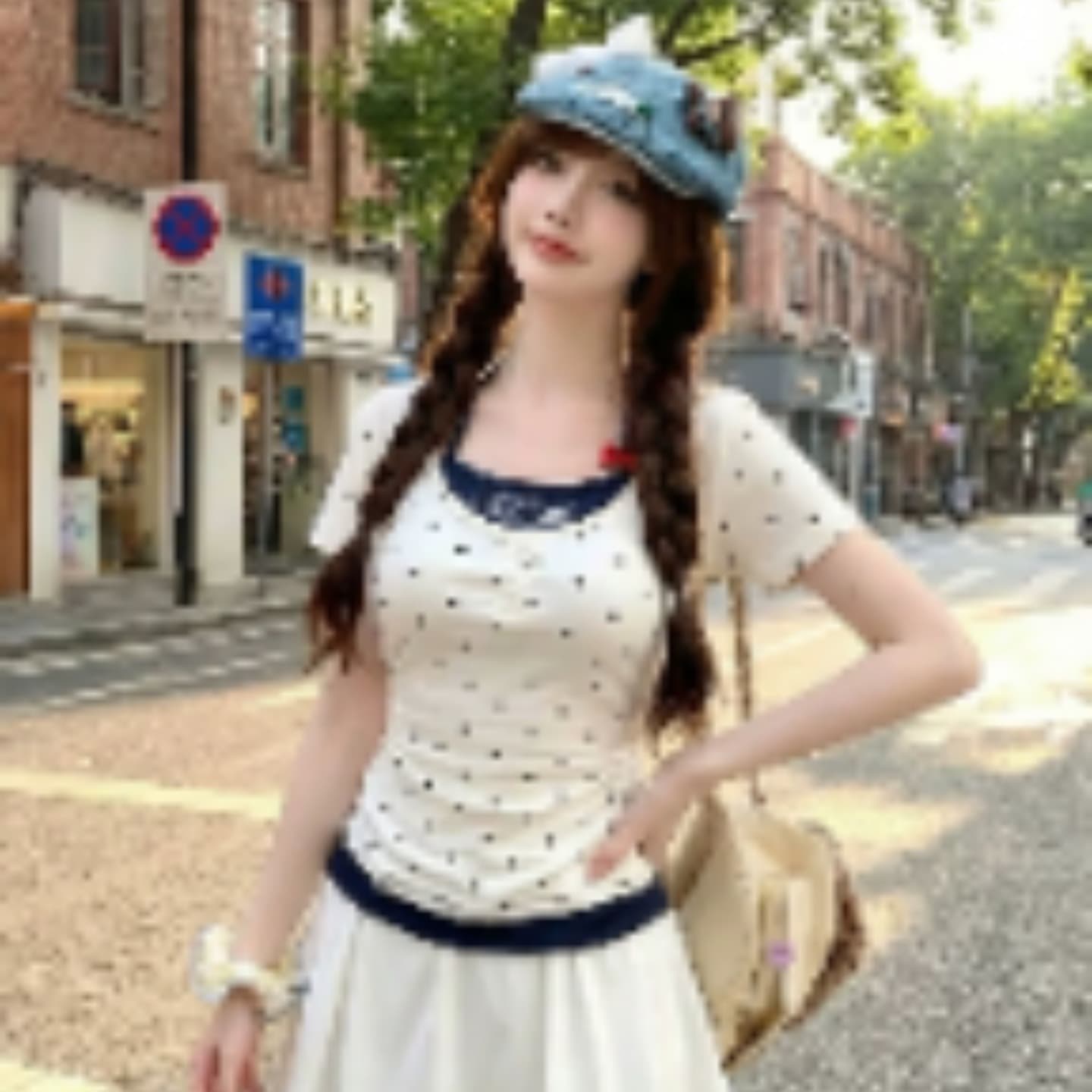 40 순면 1 1 핫걸 슬립 페이크 레이어드 도트 무늬 반팔 티셔츠 여성 여름 순수한 욕망 허리 수축 쇼트 스타일 맨위 이미지 5