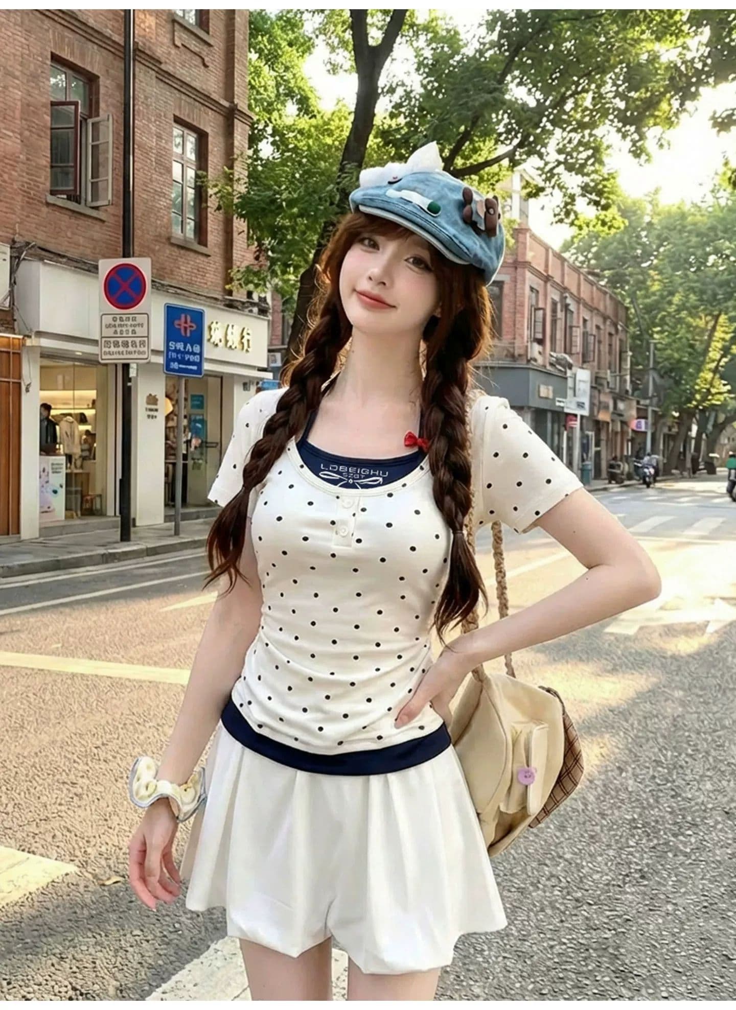 40 순면 1 1 핫걸 슬립 페이크 레이어드 도트 무늬 반팔 티셔츠 여성 여름 순수한 욕망 허리 수축 쇼트 스타일 맨위 상세 이미지 3