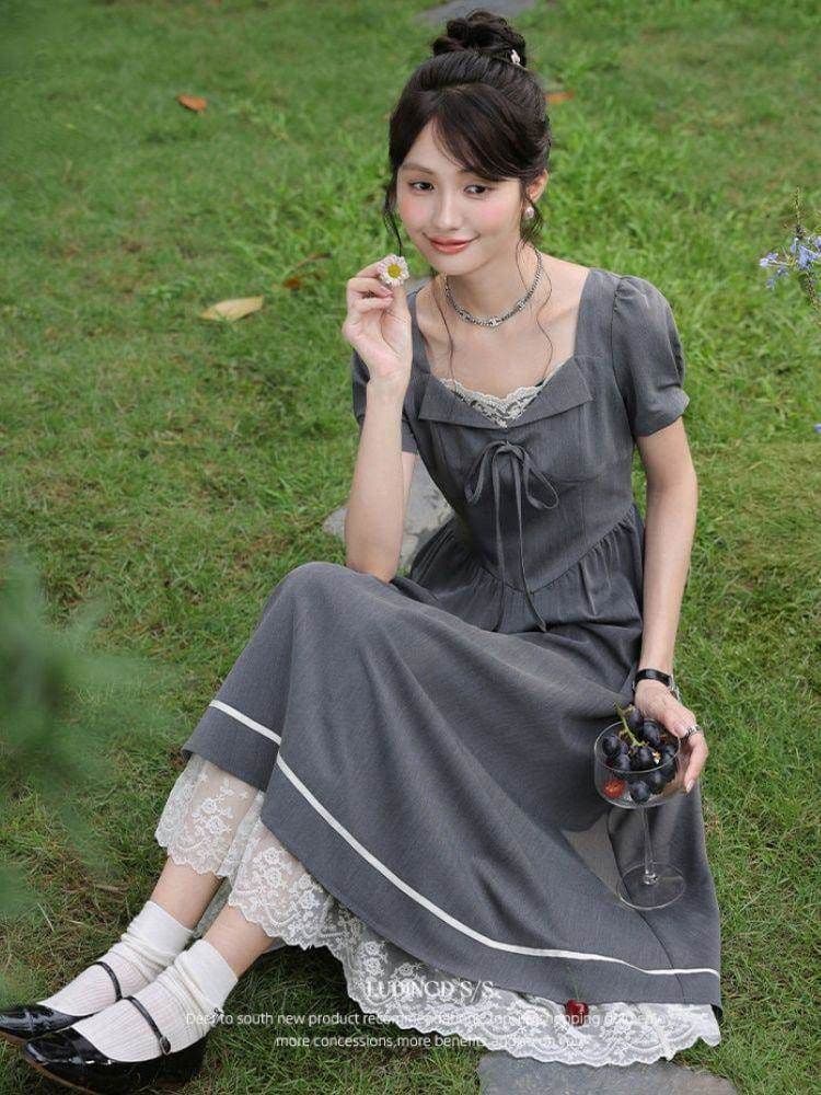 사슴 응시 응시 마이크로 지방 빅 사이즈 여성 의류 지방 mm 회색 광장 칼라 반팔 여성 드레스 여름 자이언트 슬림해 보이는 한 마디 치마 상세 이미지 5