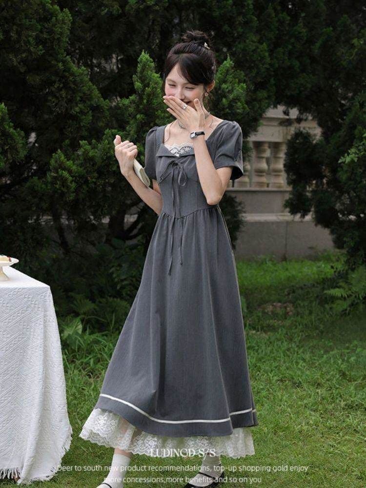 사슴 응시 응시 마이크로 지방 빅 사이즈 여성 의류 지방 mm 회색 광장 칼라 반팔 여성 드레스 여름 자이언트 슬림해 보이는 한 마디 치마 상세 이미지 6