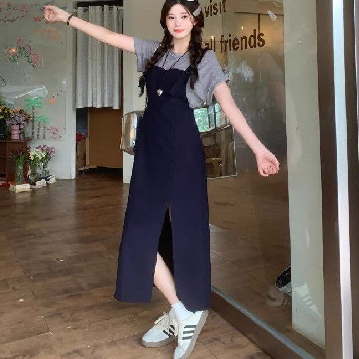 세련된 대양 가스 폭탄 공격 거리 세트 여성 여름 빅 사이즈 마이크로 지방 mm 루즈핏 반팔 티셔츠 멜빵 스커트 단어 투피스 세트 슬림해 보이는