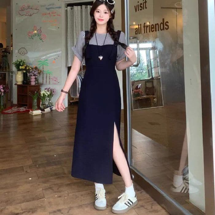 세련된 대양 가스 폭탄 공격 거리 세트 여성 여름 빅 사이즈 마이크로 지방 mm 루즈핏 반팔 티셔츠 멜빵 스커트 단어 투피스 세트 슬림해 보이는 이미지 4
