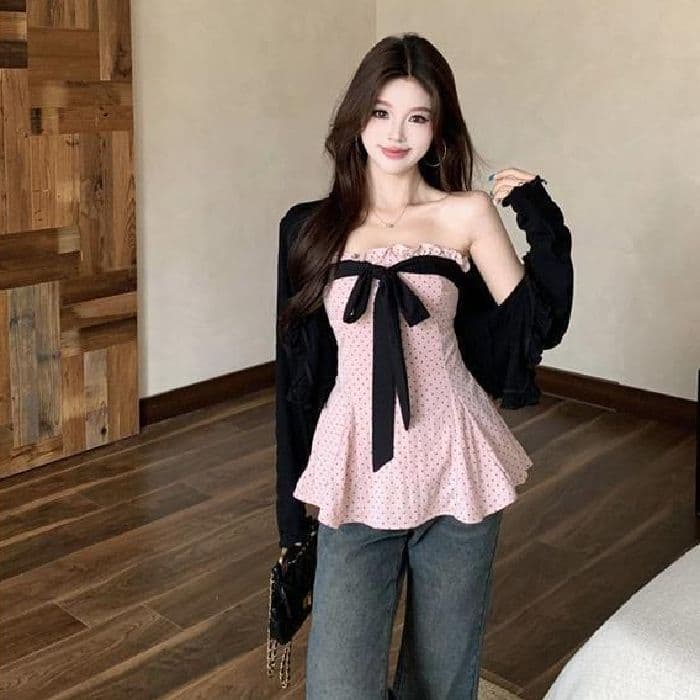 빅 사이즈 지방 mm 달콤함 소녀 바람 도트 무늬 나비 매듭 튜브탑 맨위 두 조각 여성 세트 봄 새로운 달콤한 부서 세트 이미지 3