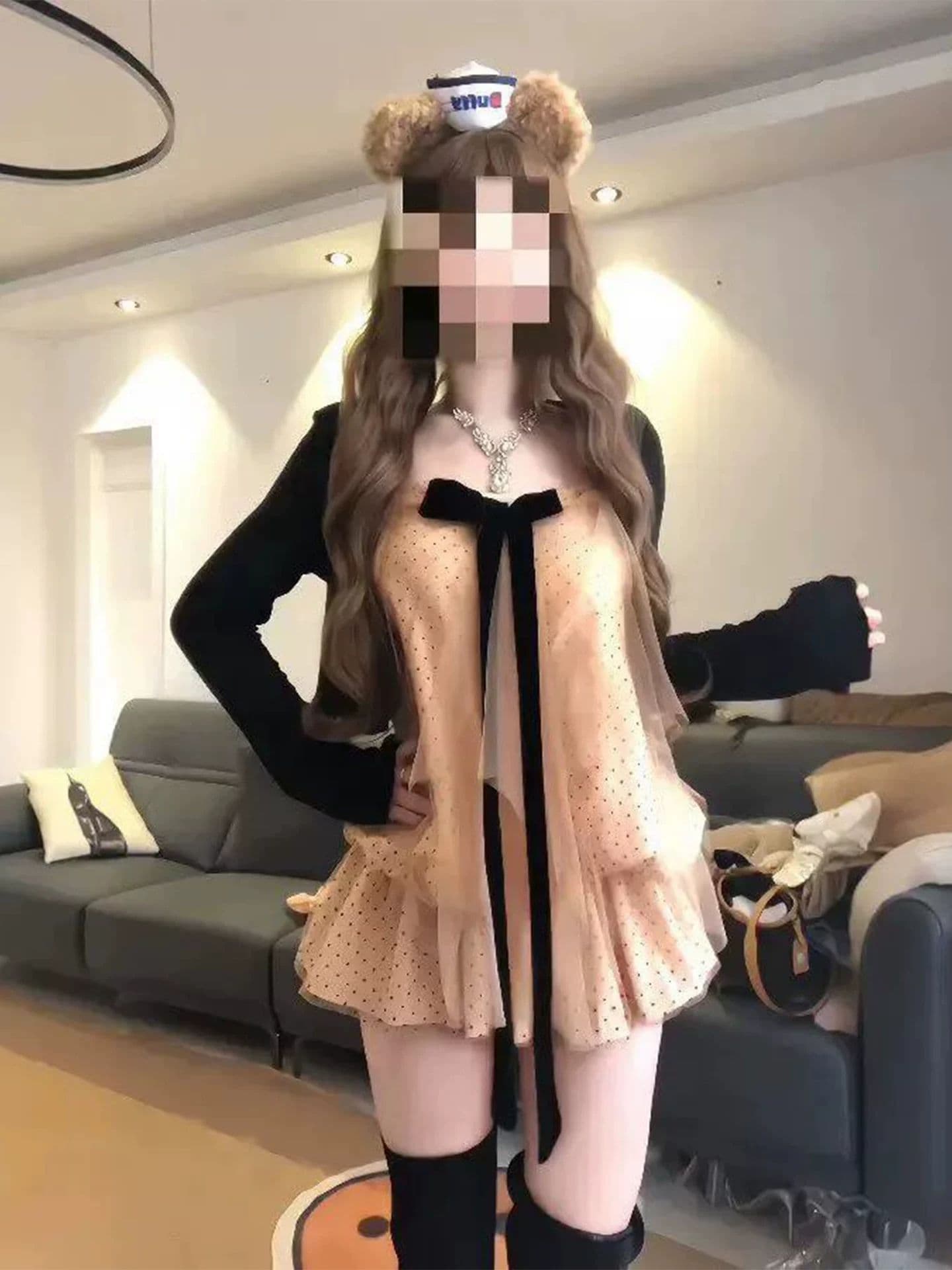 빅 사이즈 통통한 여동생 순수한 욕망 바람 나비 매듭 행침 목 도트 무늬 슬립 맨위 여성 오픈 가디건 2026 봄 아름다운 세트 상세 이미지 1