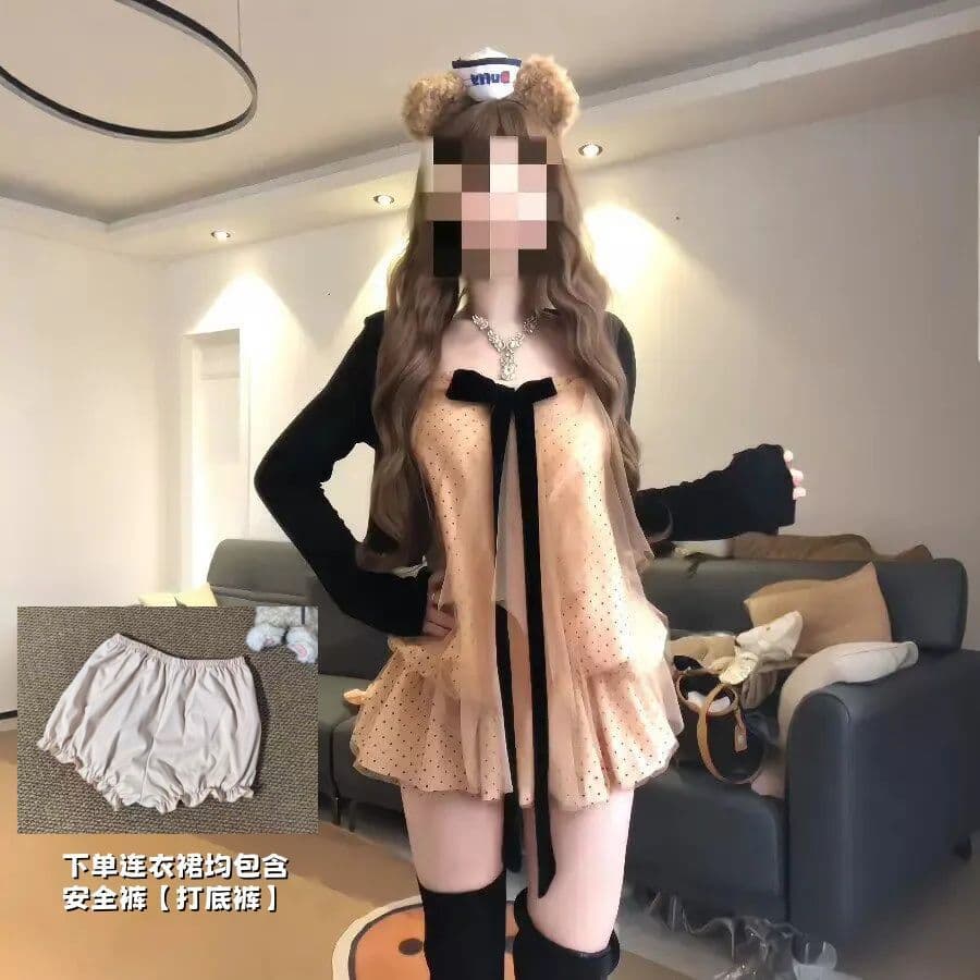 빅 사이즈 통통한 여동생 순수한 욕망 바람 나비 매듭 행침 목 도트 무늬 슬립 맨위 여성 오픈 가디건 2026 봄 아름다운 세트 상세 이미지 3