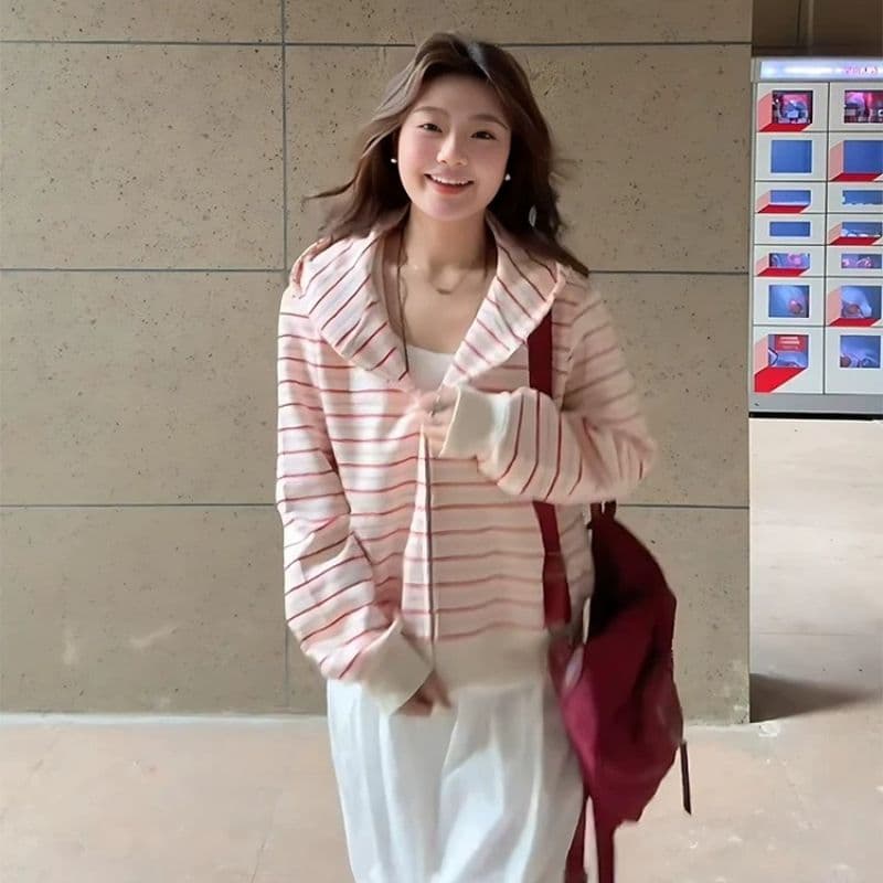 핑크색 스트라이프 오픈 가디건 후드티 여성 봄 가을 느긋한 바람 한 부서 루즈핏 후드 지퍼 재킷 디자인 센스 Chic 트렌디 이미지 2