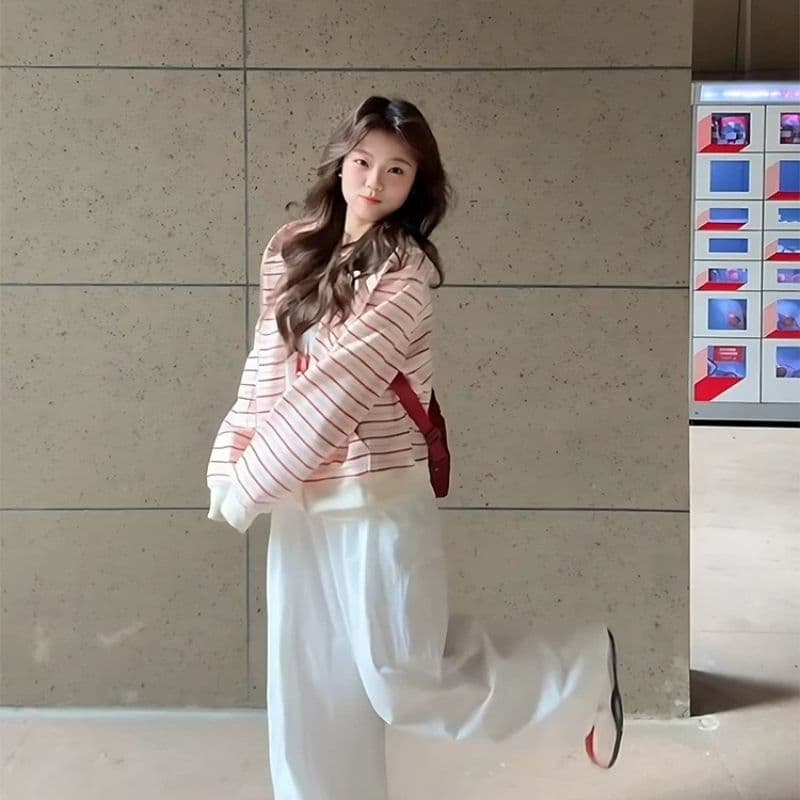 핑크색 스트라이프 오픈 가디건 후드티 여성 봄 가을 느긋한 바람 한 부서 루즈핏 후드 지퍼 재킷 디자인 센스 Chic 트렌디 상세 이미지 3