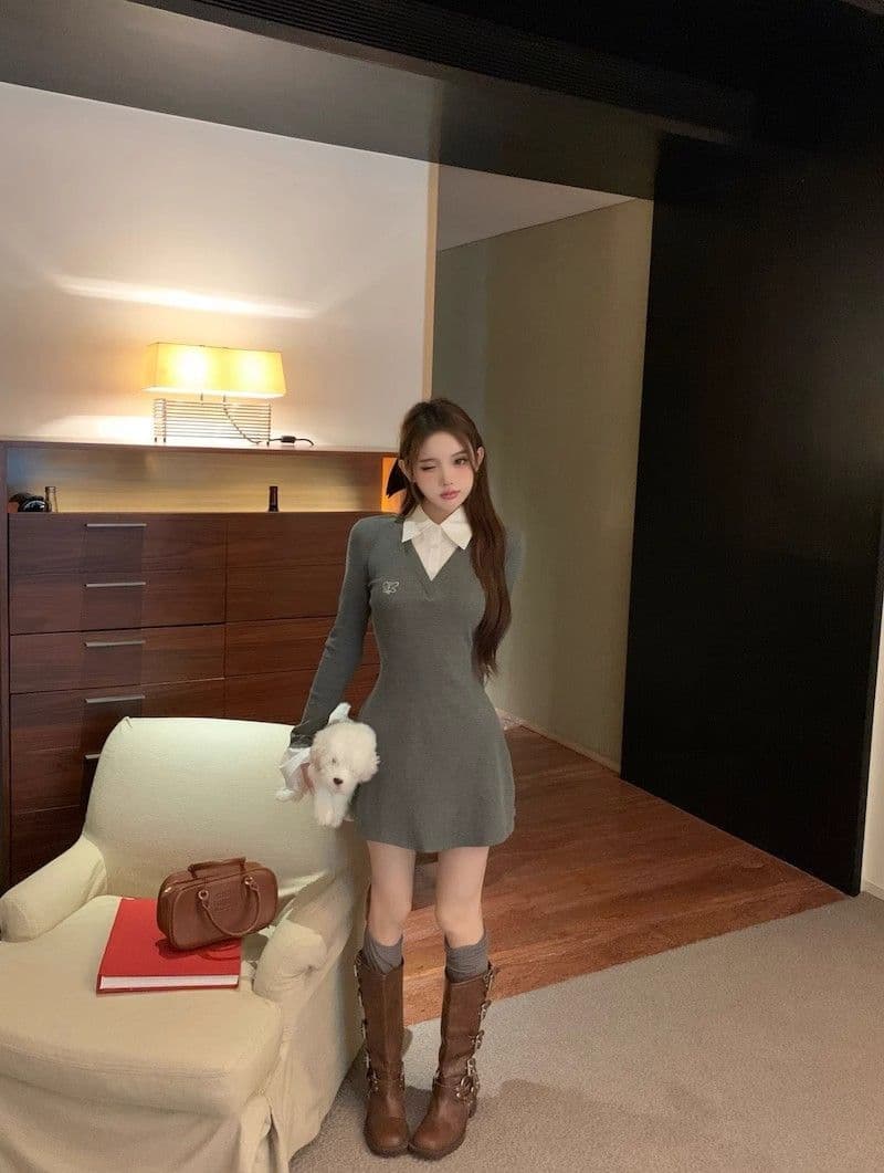 페이크 레이어드 회색 니트 드레스 아이들 가을 겨울철 2026 새로운 품격 핫걸 만나는 인사이드 가져 가라. 타이트 스커트 상세 이미지 1
