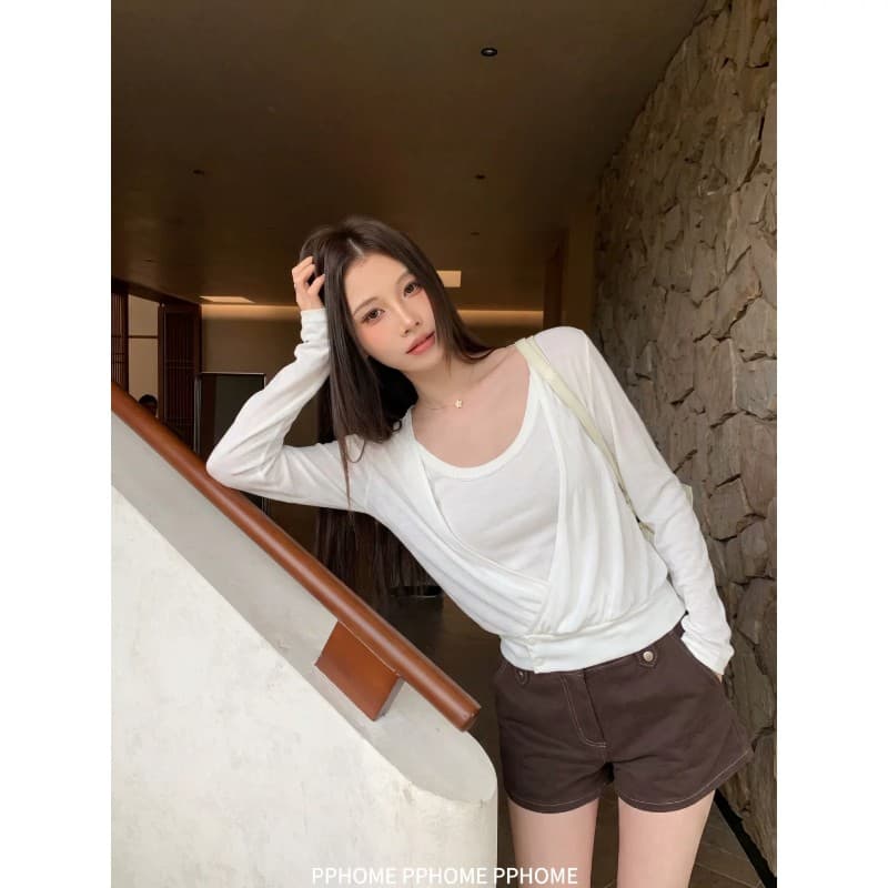 pphome 플러스 얼음 아메리칸 이른 가을 긴팔 비스듬한 문 襟 블라우스 레이스 조끼 슬립 맨위 투피스 세트 상세 이미지 1