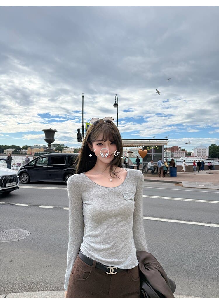 사람들 면 작은 예쁜 허리 주머니 tee 마이크로 볼륨 측면 u 칼라 몸매 가꾸기 라이 경기 서울 주간 실크 티셔츠 여성 가을 상세 이미지 6